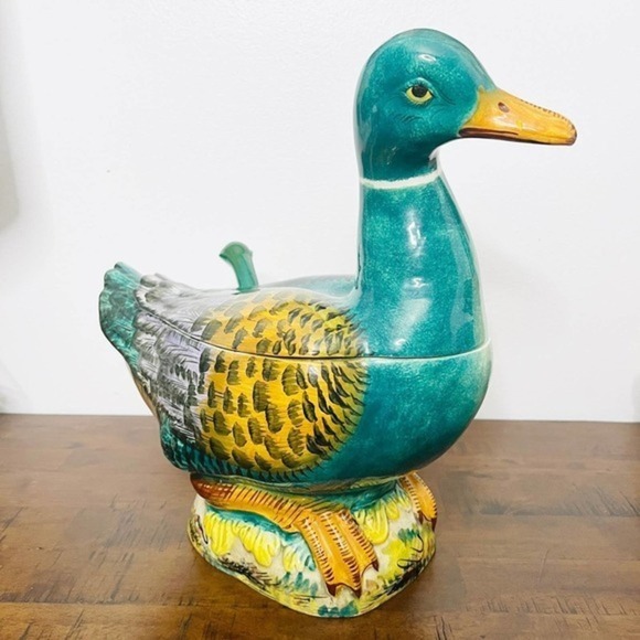 Vintage Hand Painted Duck Shaped Soup Tureen Ladle Italy - Picture 2 of 13